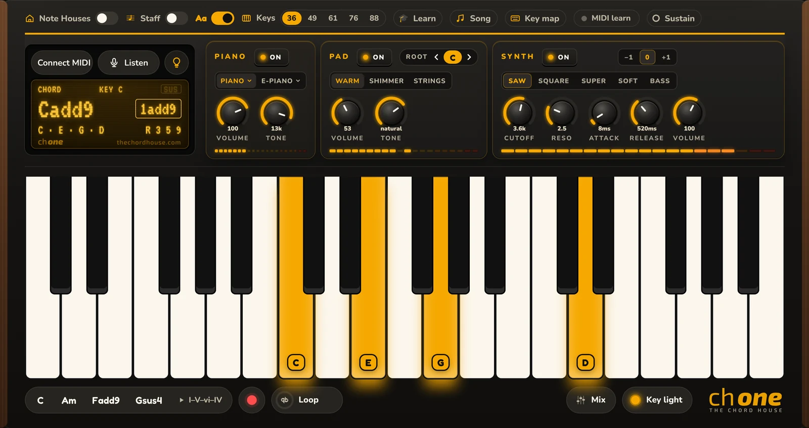 CH ONE: the chord screen showing Cadd9 while the keys C, E, G and D light up, with piano, pad and synth sections